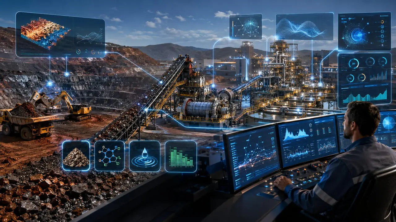 IA em usina de beneficiamento monitorando o teor do minério, sensores industriais e indicadores de eficiência operacional em tempo real.