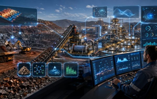 IA em usina de beneficiamento monitorando o teor do minério, sensores industriais e indicadores de eficiência operacional em tempo real.