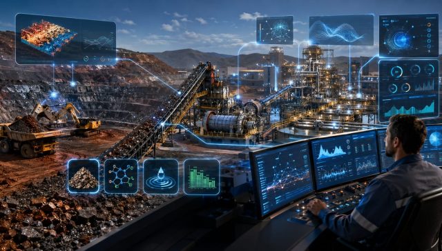 IA em usina de beneficiamento monitorando o teor do minério, sensores industriais e indicadores de eficiência operacional em tempo real.