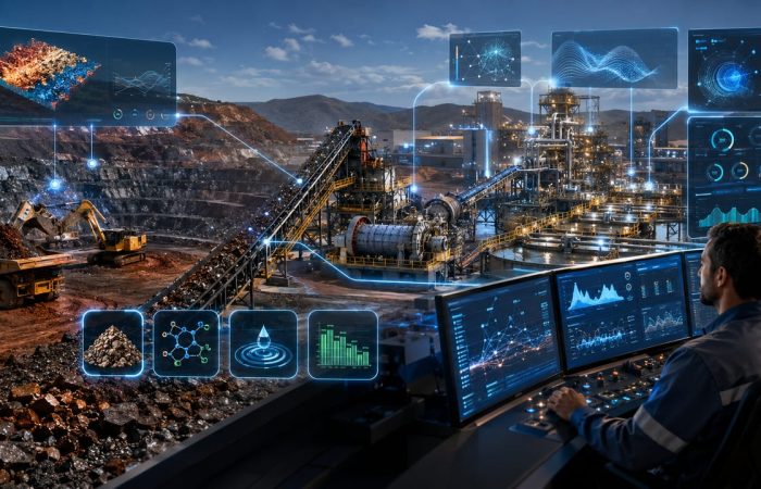 IA em usina de beneficiamento monitorando o teor do minério, sensores industriais e indicadores de eficiência operacional em tempo real.